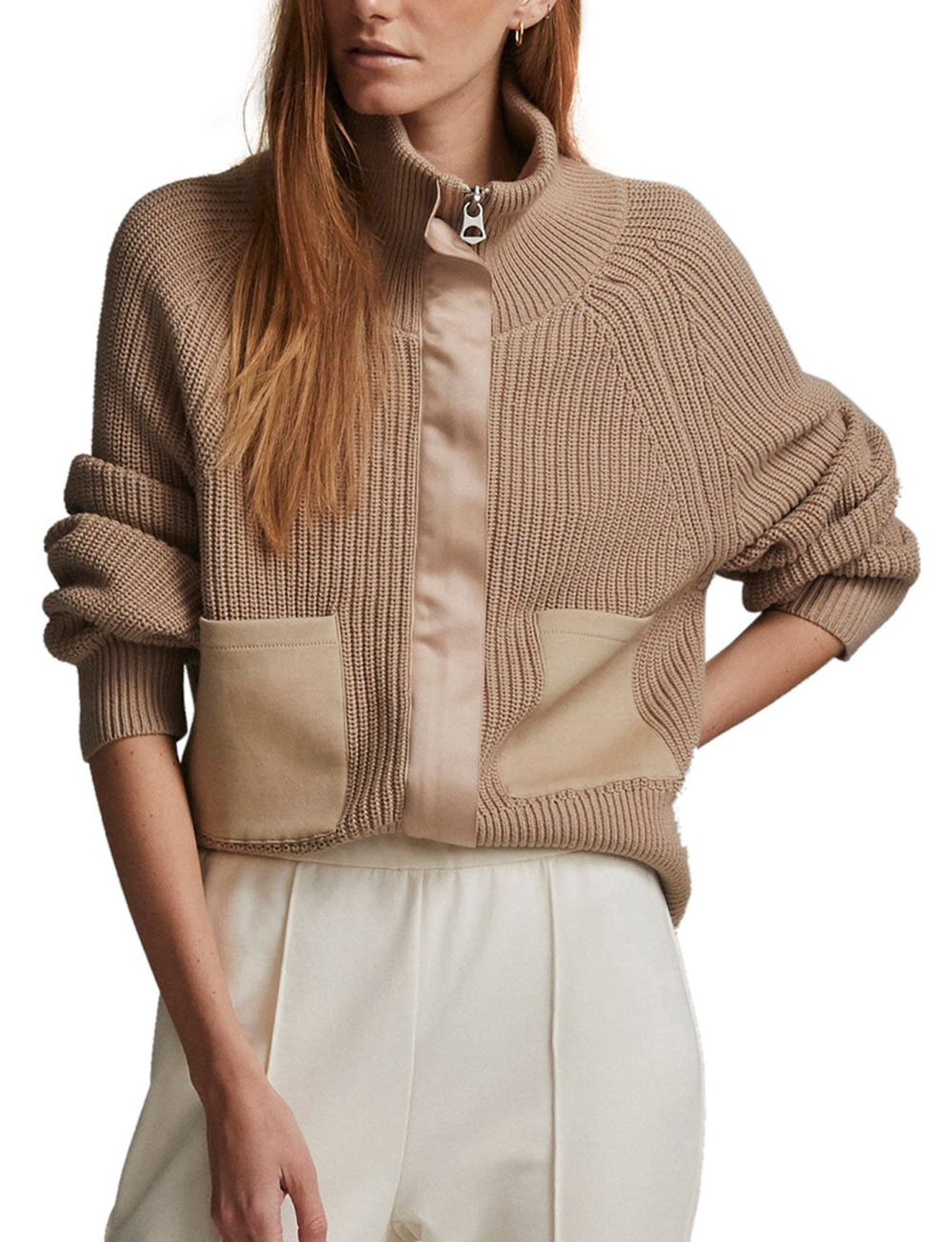 Varley Delfern Cotton Rib Knit Full Zip Bomber Jacket Sweater Beige Small